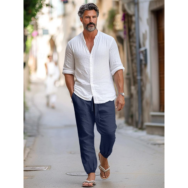  100% Linen Men's Linen Pants Trousers Summer Pants Drawstring Elastic Waist Elastic Cuff Plain Breathable Comfortable Daily Vacation Going out Classic Casual Black Navy Blue