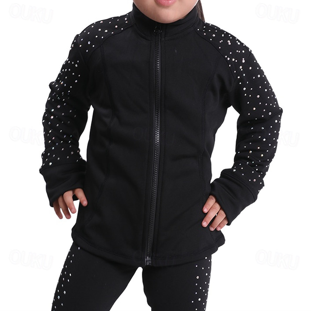  Figure Skating Jacket with Pants Women's Girls' Ice Skating Tights Outfits Black High Elasticity Training Practice Professional Skating Wear Thermal Warm Crystal / Rhinestone Long Sleeve Ice Skating