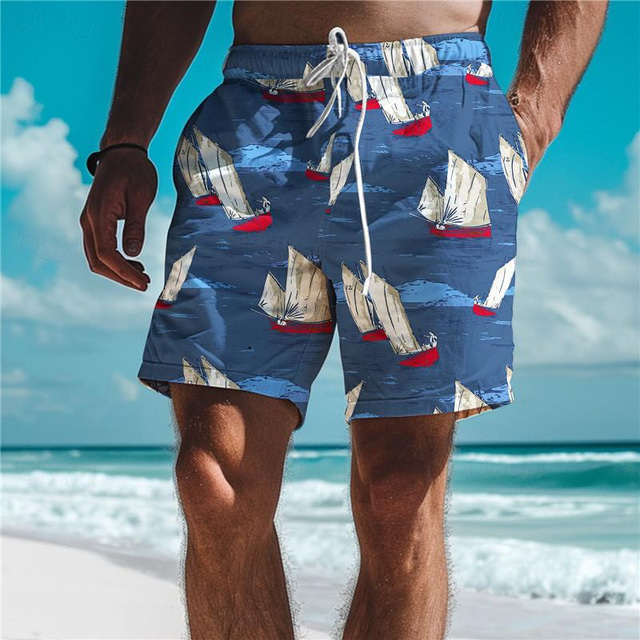  Sailboat Men's Resort 3D Printed Board Shorts Swim Trunks Elastic Drawstring with Built-in Mesh Lining Comfort Breathable Classic Stretch Short Aloha Hawaiian Style Holiday Beach S TO 3XL