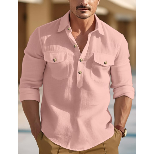  45% Linen Pocket Men's Linen Shirt Shirt Button Up Shirt Summer Shirt Beach Shirt Black White Pink Long Sleeve Plain Lapel Spring &  Fall Outdoor Daily Clothing Apparel