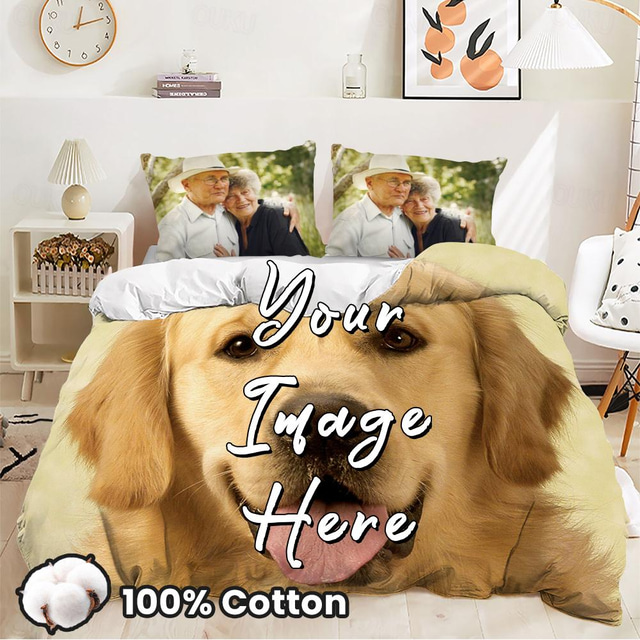  Parure de lit personnalisée en coton naturel, ensemble de literie personnalisé avec photo, cadeaux personnalisés pour la famille, 100%
