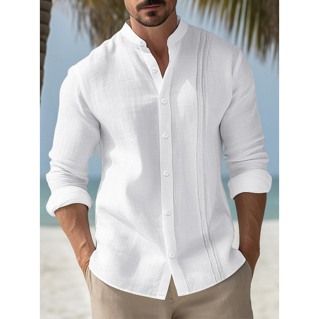  100% Linen Button Men's Linen Shirt Guayabera Shirt Button Up Shirt Summer Shirt Beach Shirt White Pink Long Sleeve Plain Stand Collar Spring &  Fall Outdoor Daily Clothing Apparel