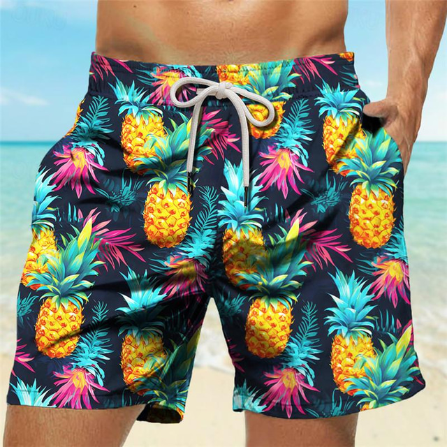  Ananas-Tropen-Herren-Resort-Shorts mit 3D-Druck, Badeshorts, Badehose, Taschen-Kordelzug mit Netzfutter, bequem, atmungsaktiv, kurz, Aloha-Hawaii-Stil, Urlaub, Strand, S bis 3XL