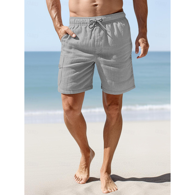  100% Linen Men's Shorts Linen Shorts Summer Shorts Pocket Drawstring Elastic Waist Plain Breathable Comfortable Short Daily Vacation Going out Classic Casual Black Navy Blue