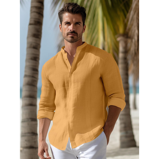  100% Lin Bouton Homme Chemise Lin Chemise boutonnée Chemisette Chemise d'été Chemise de plage Jaune Marine foncé Vert manche longue Plein Mao Printemps & Automne Extérieur du quotidien Vêtement Tenue