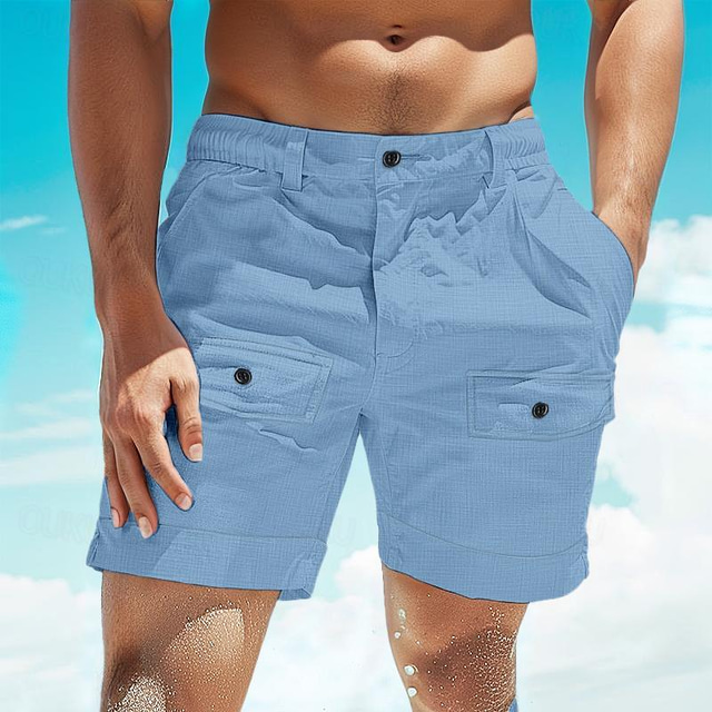  Men's Shorts Linen Shorts Summer Shorts Beach Shorts Button Pocket Elastic Waist Plain Comfort Breathable Short Casual Daily Holiday Fashion Classic Style White Blue