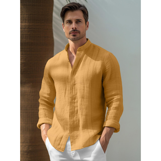  100% Lin Homme Chemise Lin Chemise Chemise de plage Jaune Marine foncé Vert manche longue Plein Col Mao Printemps & Automne Extérieur du quotidien Vêtement Tenue