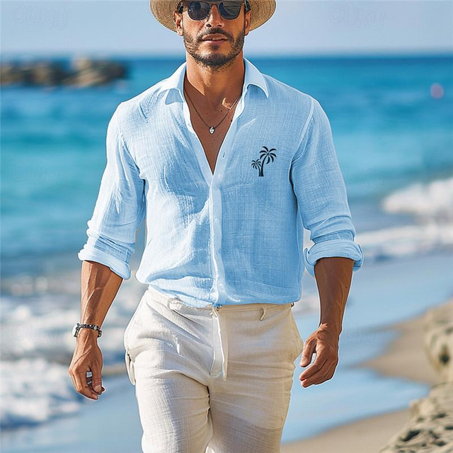  Hombre Lino camisa de lino Camisa gráfica Palmera Estampado Abotonar Manga Larga Cuello Vuelto Blanco, Azul Piscina Camisa Festivos Vacaciones Playa