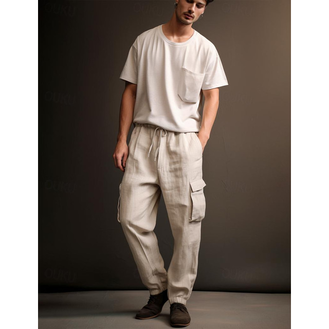  40% Linen Men's Linen Pants Trousers Summer Pants Pocket Drawstring Elastic Waist Plain Breathable Comfortable Daily Vacation Going out Classic Casual Black White
