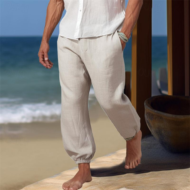  100% Lin Homme Pantalon en lin Pantalon pantalon été Poche Cordon Taille elastique Plein Respirable Confortable du quotidien Vacances Sortie Classique Décontractées Noir bleu marine