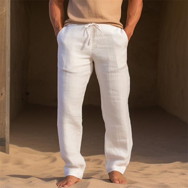  100% Λινό Ανδρικά Λευκά παντελόνια Παντελόνια Καλοκαίρι παντελόνι Τσέπη Κορδόνι Ελαστική μέση Σκέτο Αναπνέει Άνετο Καθημερινά Διακοπές Εξόδου Κλασσικό Καθημερινό Μαύρο Λευκό