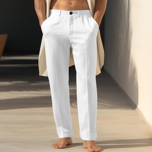  40% Linen Men's Linen Pants Trousers Summer Pants Pocket Straight Leg Plain Breathable Comfortable Office / Career Daily Vacation Classic Casual Black White