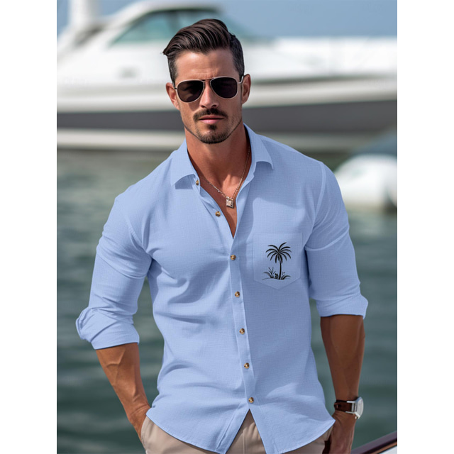  30% Linen Pocket Men's Linen Shirt Shirt Beach Shirt White Pink Blue Long Sleeve Coconut Tree Lapel Spring &  Fall Outdoor Daily Clothing Apparel
