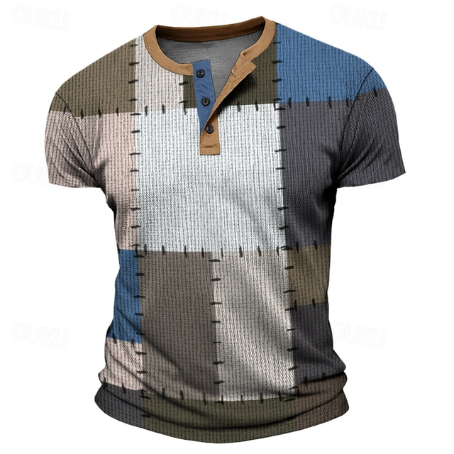  Homme Plaid Chemise Henley Shirt T-shirt gaufré T-shirt T-shirt Manche Courte 3D effet du quotidien Décontractées Sport extérieur Casual du quotidien Printemps été Bleu Rouge Marron Gris Henley