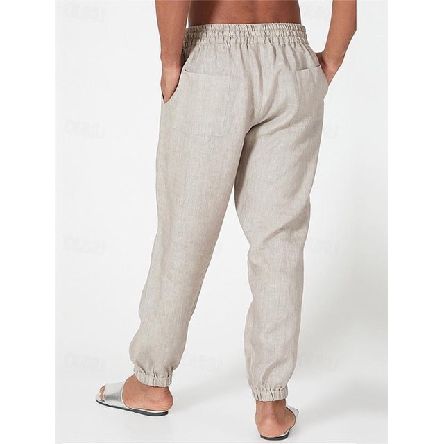 100% Linen Men's Linen Pants Trousers Summer Pants Drawstring Elastic ...