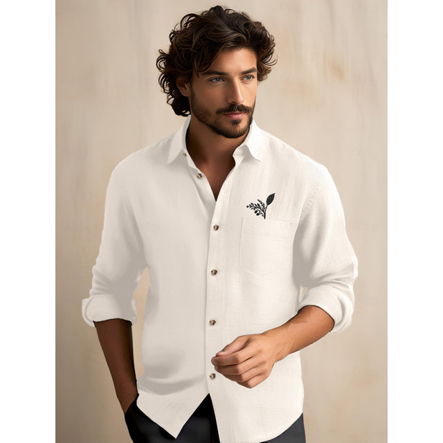  30% Linen Embroidered Men's Linen Shirt Shirt Beach Shirt Black White Blue Long Sleeve Leaf Lapel Spring &  Fall Outdoor Daily Clothing Apparel