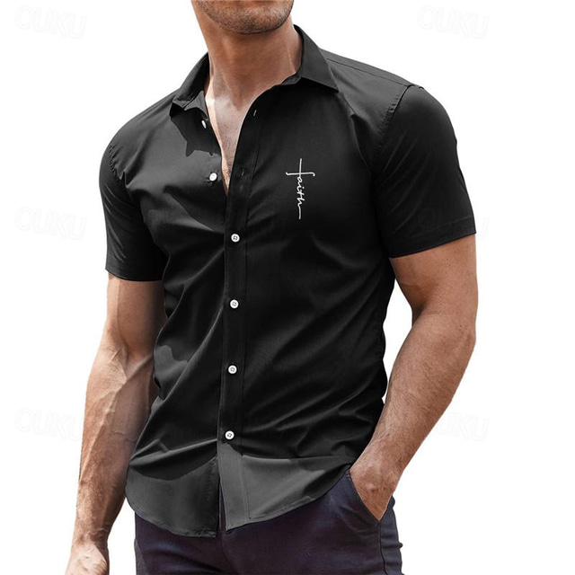  Faith Men's Business Casual 3D Printed Shirt Outdoor Street Wear to work Summer Turndown Short Sleeves Black Burgundy Dark Navy S M L 4-Way Stretch Fabric Shirt