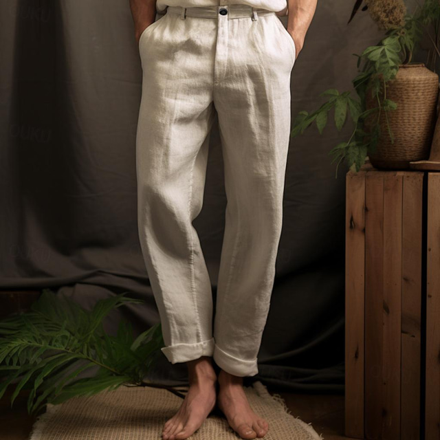  40% Linen Men's Linen Pants Trousers Summer Pants Pocket Straight Leg Plain Breathable Comfortable Office / Career Daily Vacation Classic Casual Black White