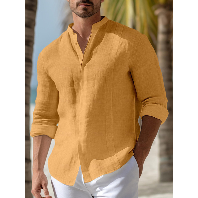  100% Linen Button Men's Linen Shirt Button Up Shirt Summer Shirt Beach Shirt Yellow Dark Navy Green Long Sleeve Plain Stand Collar Spring &  Fall Outdoor Daily Clothing Apparel