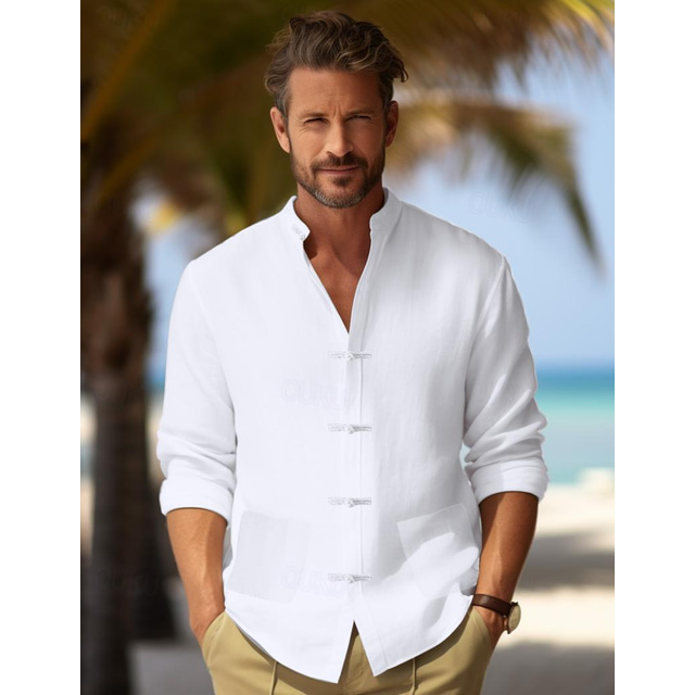  100% كتان جيب رجالي قميص كتان قميص قميص الشاطئ أسود أبيض أزرق داكن كم طويل سهل مرتفعة ربيع & الصيف الأماكن المفتوحة مناسب للبس اليومي ملابس