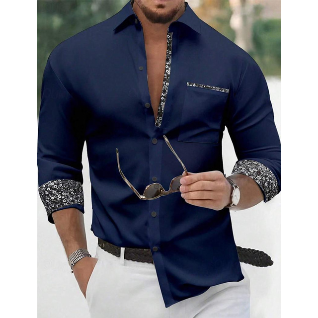 Men's Shirt Summer Shirt Dress Shirt Button Up Shirt Casual Shirt Black White Navy Blue Long Sleeve Floral Color Block Lapel Daily Vacation Patchwork Clothing Apparel Fashion Casual Smart Casual