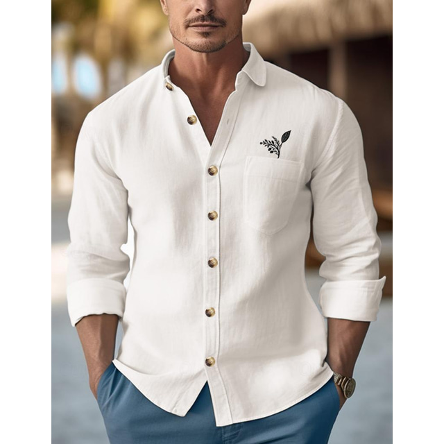  30% Linen Embroidery Men's Linen Shirt Shirt Button Up Shirt Summer Shirt Black White Blue Long Sleeve Leaf Lapel Spring &  Fall Outdoor Daily Clothing Apparel