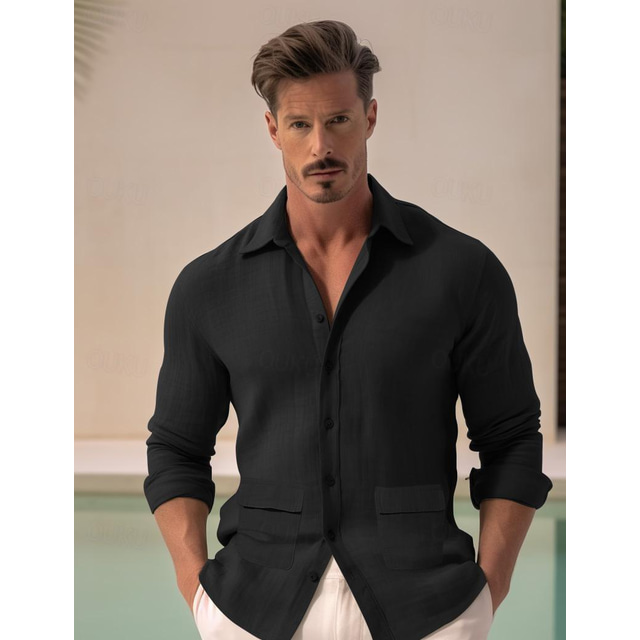  100% Lin Poche Homme Chemise Lin Chemise Chemise boutonnée Chemise de plage Noir Vert manche longue Plein Revers Printemps & Automne Extérieur du quotidien Vêtement Tenue