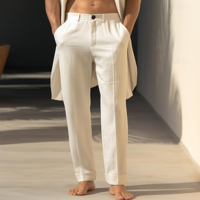  40% lino Hombre Pantalones de lino Pantalones Pantalones de verano Bolsillo Pierna recta Plano Transpirable Cómodo Oficina / Carrera Diario Vacaciones Clásico Casual Negro Blanco