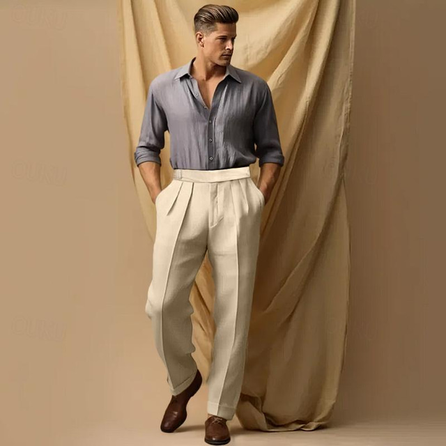  40% Linen Men's Linen Pants Trousers Summer Pants Pleated Pants Pocket Pleats Straight Leg Plain Breathable Comfortable Office / Career Daily Vacation Classic Casual White Pink