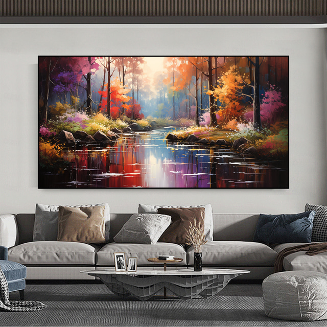  Pictură în ulei originală, originală, realizată manual, peisaj râu, pe peretele de pânză, pictură de artă de pădure aurie pentru decorul casei, cu cadru întins/fără pictură cu cadru interior