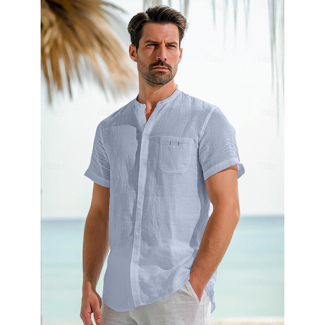 45 % Leinen Tasche Herren leinenhemd Hemd Knopfhemd Sommerhemd Weiß Dunkelmarine Blau Kurzarm Glatt Ständer Sommer Outdoor Täglich Bekleidung