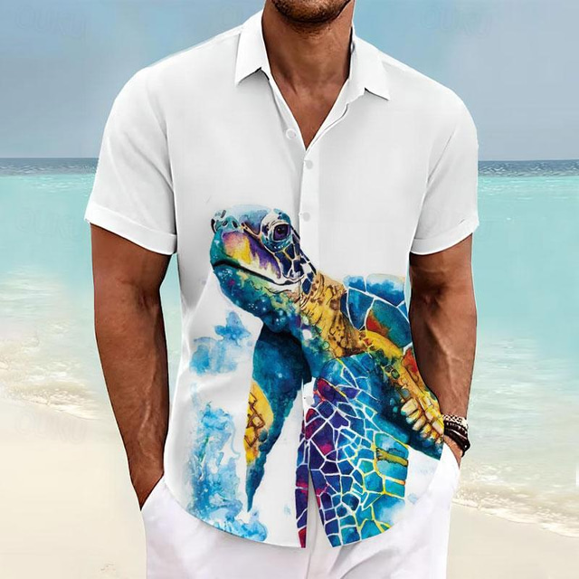  צב ים חיים ימיים נופש גברים הוואי חולצה מודפסת תלת מימד כפתור למעלה שרוולים קצרים חולצת חוף קיץ חופשה ללבוש יומי s to 3xl