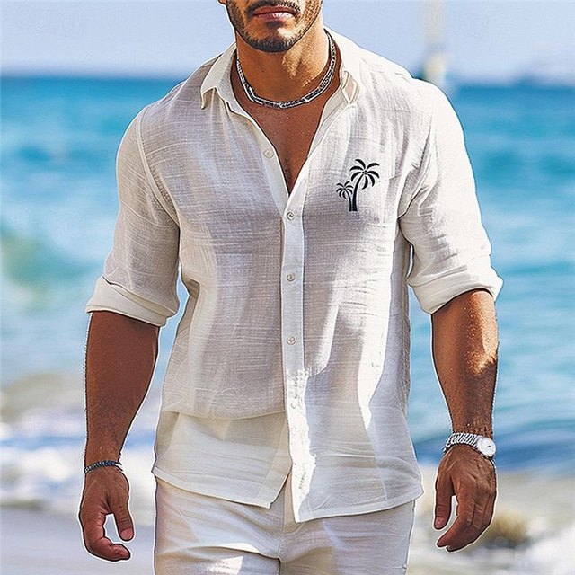  Herren Leinen leinenhemd Grafik-Shirt Palme Bedruckt Button-Down Langarm Umlegekragen Weiß, Blau Hemd Festtage Urlaub Strand