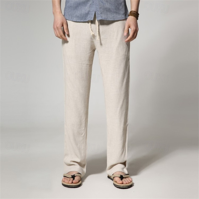  Bărbați Pantaloni de in Pantaloni Pantaloni de vară Pantaloni de plajă Cordon Talie elastică Picior drept Simplu Confort Respirabil Zilnic Concediu Vacanță Hawaiană Boho Negru Alb