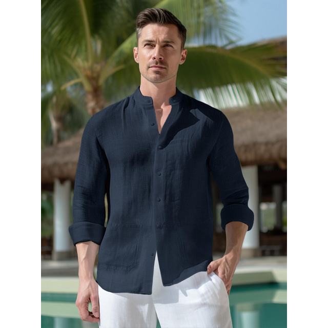  100% Linen Pocket Men's Linen Shirt Shirt Beach Shirt Black White Dark Navy Long Sleeve Plain Standing Collar Spring &  Fall Outdoor Daily Clothing Apparel