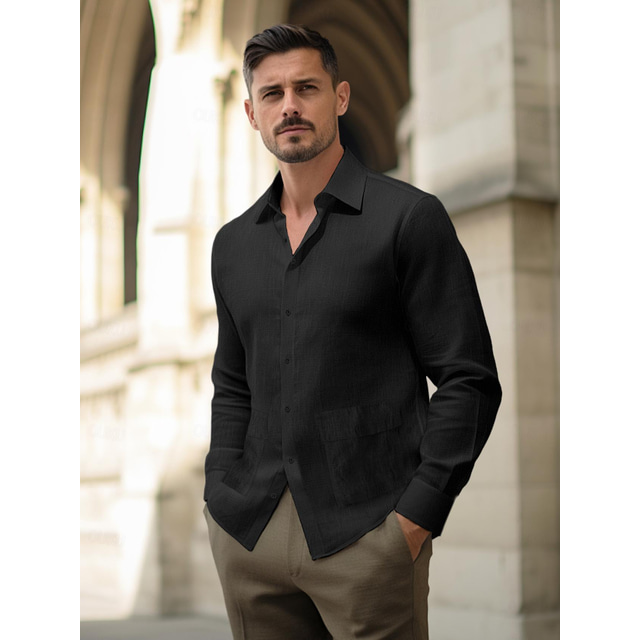  100% Linen Front Pocket Men's Linen Shirt Shirt Button Up Shirt Beach Shirt Black Brown Gray Long Sleeve Plain Lapel Spring &  Fall Outdoor Daily Clothing Apparel