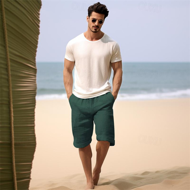  100% Linen Men's Shorts Linen Shorts Summer Shorts Pocket Drawstring Elastic Waist Plain Breathable Comfortable Short Daily Vacation Going out Classic Casual Black Red
