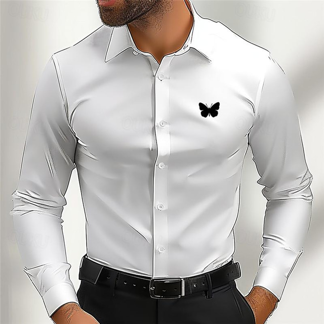  Butterfly Men's Business Casual 3D Printed Shirt Street Wear to work Daily Wear Spring & Summer Turndown Long Sleeve Black White Pink S M L 4-Way Stretch Fabric Shirt