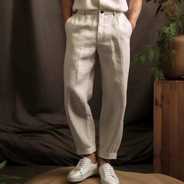  40% Linen Men's Linen Pants Trousers Summer Pants Button Up Pocket Plain Breathable Comfortable Office / Career Daily Vacation Classic Casual Black White