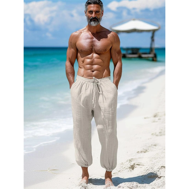 100% Lin Homme Pantalon en lin Pantalon pantalon été Cordon Taille ...