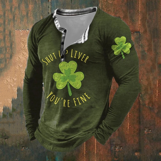  St Patrick St Paddy Shamrock Men's Casual Fashion Retro Vintage 3D Print T shirt Tee Henley Shirt Sports Outdoor Holiday Going out St. Patrick T shirt Black Red Brown Long Sleeve Henley Shirt