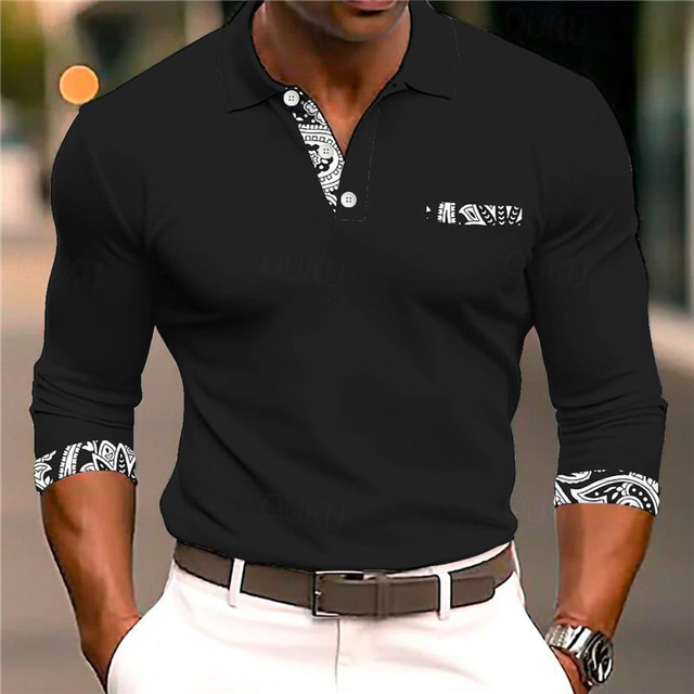  Herren Vintage 3D Bedruckt Poloshirt mit Zopfmuster Golfpolo Casual Langarm Umlegekragen Polo-Shirts Schwarz Weiß Herbst Winter S M L Mikro-elastisch Revers-Polo