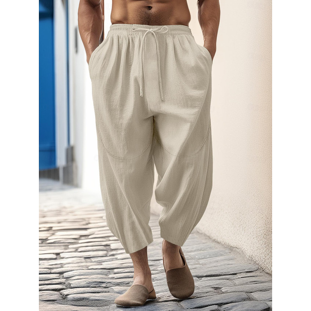  100% Linen Men's Linen Pants Trousers Summer Pants Tapered Carrot Pants Pocket Drawstring Elastic Waist Plain Breathable Comfortable Daily Vacation Going out Classic Casual Black White