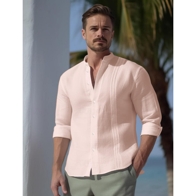  100% Linen Pleats Men's Linen Shirt Shirt Beach Shirt White Pink Long Sleeve Plain Stand Collar Spring &  Fall Outdoor Daily Clothing Apparel