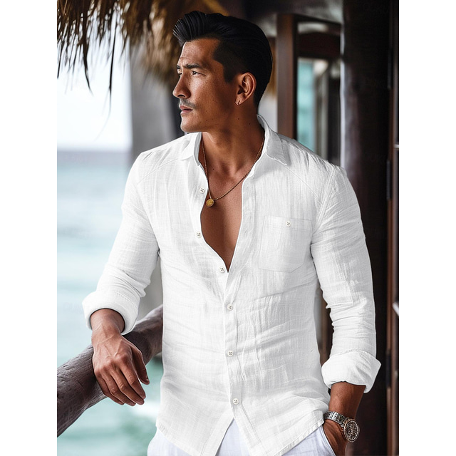  45% Linen Pocket Men's Linen Shirt Shirt Button Up Shirt Summer Shirt Black White Blue Long Sleeve Plain Lapel Spring &  Fall Outdoor Daily Clothing Apparel