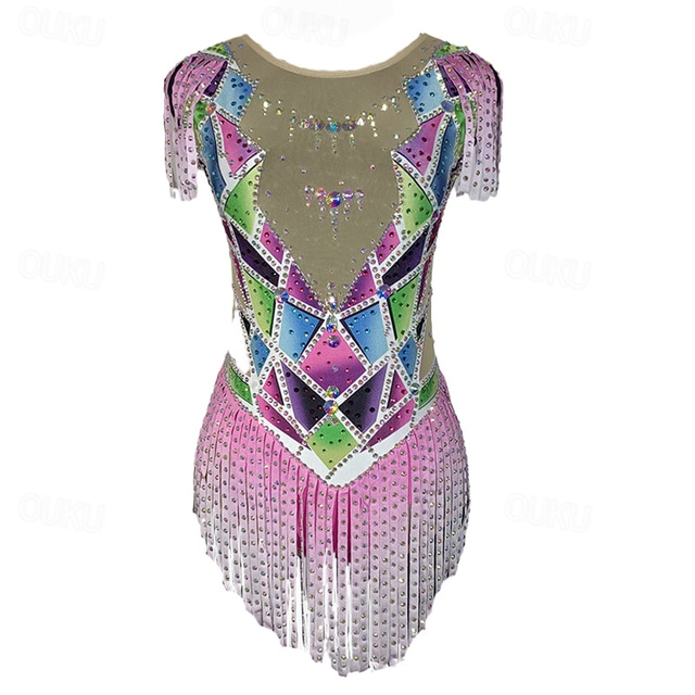  Figure Skating Dress Women's Girls' Ice Skating Dress Multi color Patchwork Tassel Mesh Spandex Stretchy Training Practice Professional Skating Wear Crystal / Rhinestone Short Sleeve Figure Skating