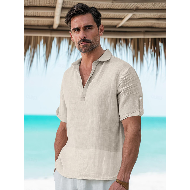  45 % Leinen Herren leinenhemd Popover-Shirt Sommerhemd Strandhemd Weiß Rosa Beige Kurzarm Glatt Kargen Sommer Outdoor Täglich Bekleidung