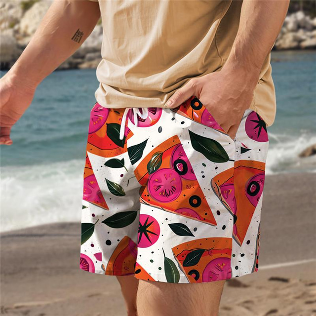  Comida pizza gráfico resort para hombre pantalones cortos impresos en 3D pantalones cortos de natación bañador bolsillo cordón con forro de malla comodidad transpirable corto aloha estilo hawaiano