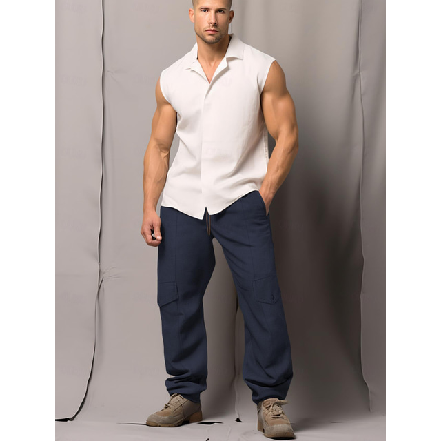  40% Linen Men's Linen Pants Trousers Summer Pants Pocket Drawstring Elastic Waist Plain Breathable Comfortable Office / Career Daily Vacation Classic Casual Black White
