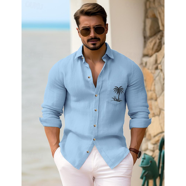  30% Lino Tasche Per uomo camicia di lino Camicia Camicia da spiaggia Bianco Rosa Blu Manica lunga Albero di cocco Bavero Primavera & Autunno Esterno Giornaliero Abbigliamento
